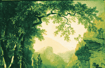 Kindred Spirits by Asher B. Durand, pixel-dithered in meadow greens