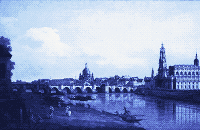 Dresden from the Right Bank of the Elbe by Bellotto, pixel-dithered in sky blues