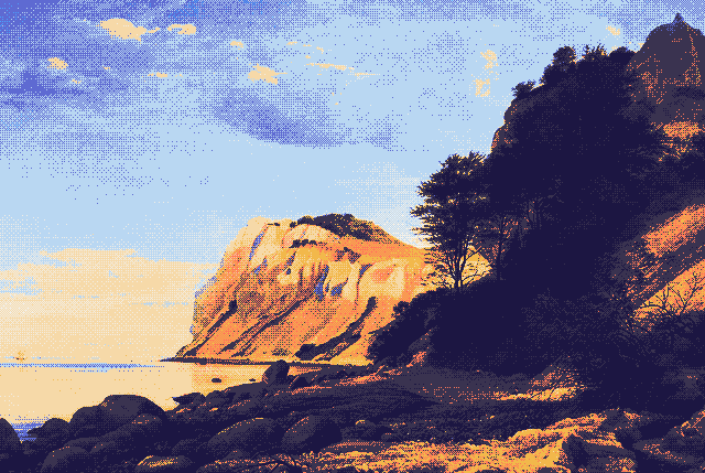 View of the Cliffs of Møn, an 1852 landscape painting by P.C. Skovgaard, pixel-dithered: amber chalk cliffs above a calm sea under a dithered blue sky