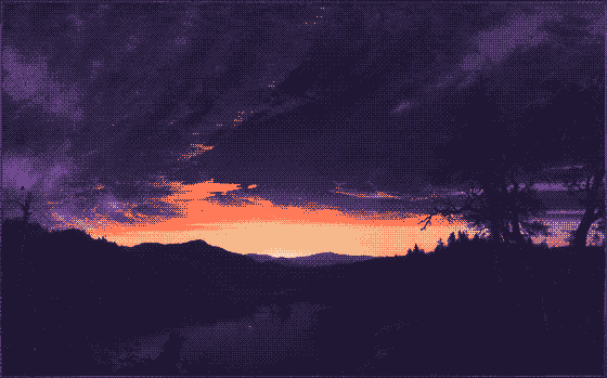 Twilight in the Wilderness, an 1860 painting by Frederic Edwin Church, pixel-dithered: blazing orange clouds over a darkening valley