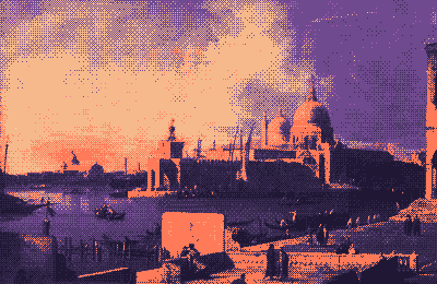 The Grand Canal and Santa Maria della Salute by Canaletto, pixel-dithered in coral tones